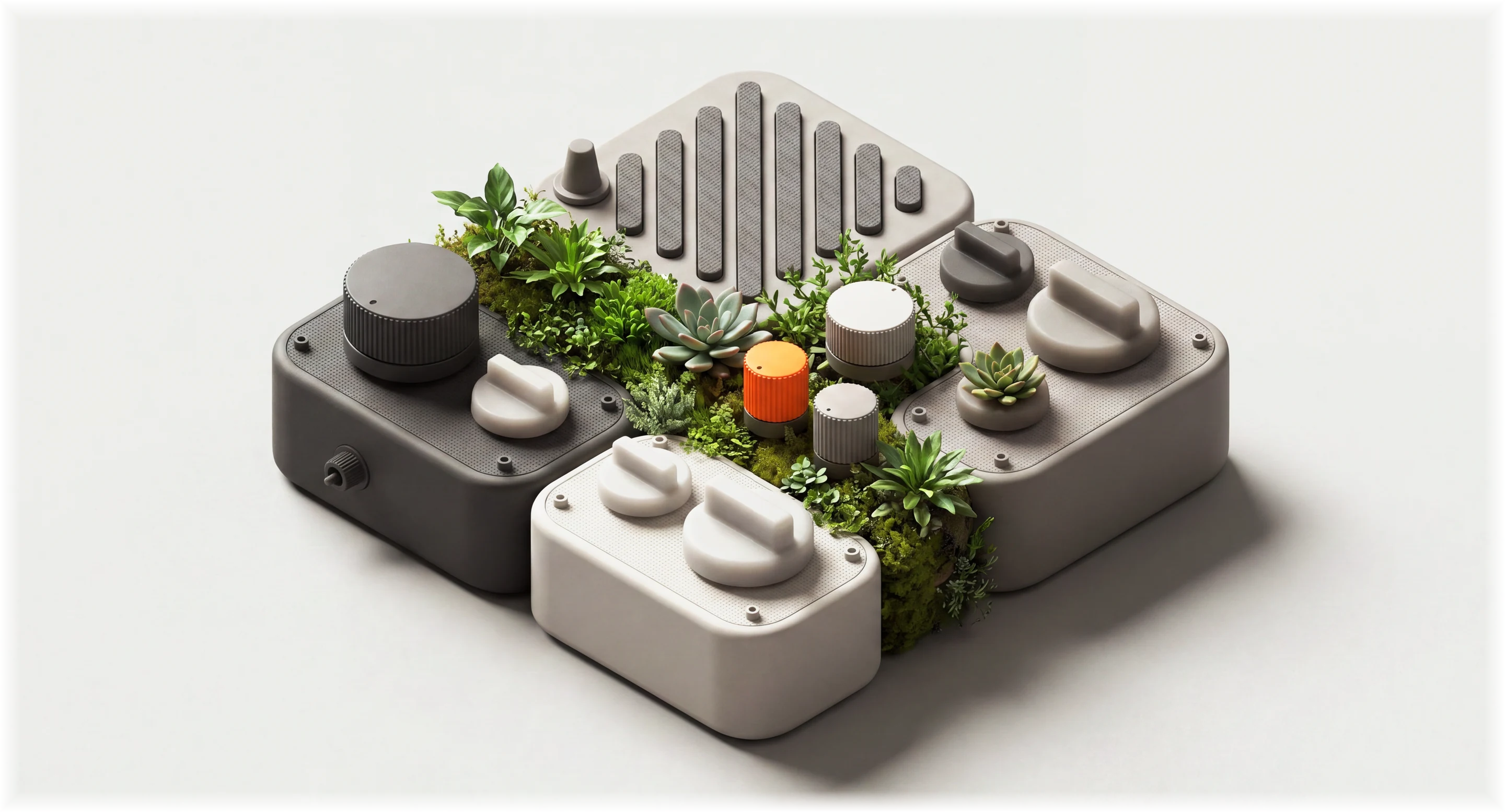一组等距视角的旋钮模块与苔藓植物，界面与实体控件长在一起